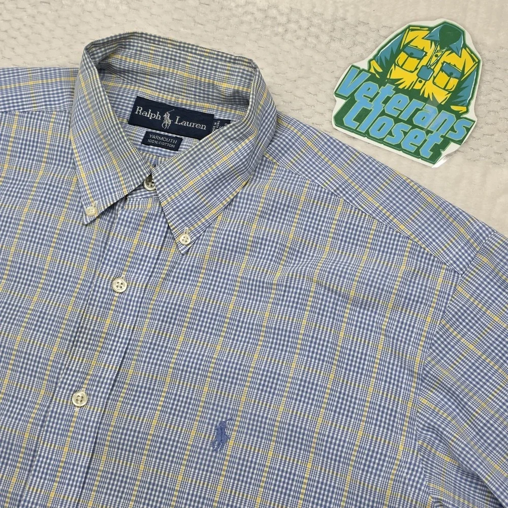 Polo Ralph Lauren Yarmouth Dress Shirt Mens L 16 32/33 Blue Plaid Oxford Pony